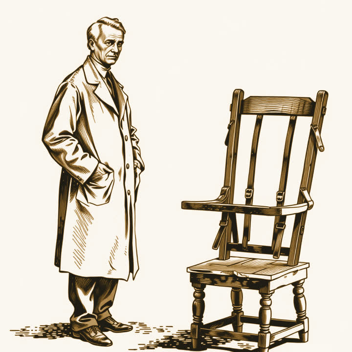 A man in a grey laboratory coat standing beside a wooden chair fitted with leather straps, plain background, nothing else, no border
