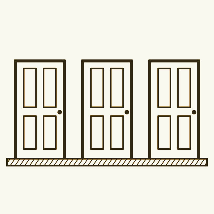 Three closed wooden doors side by side in a plain wall