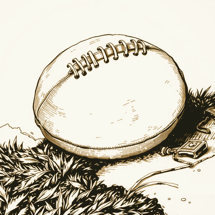 An old laced leather football lying on torn turf, drawn on a pale cream ground in daylight, no dark background, no black bands at any edge