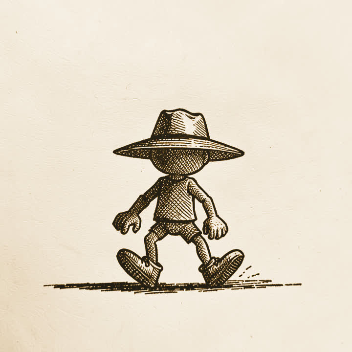 A tiny cartoon figure in a wide two cornered hat, stamping its feet