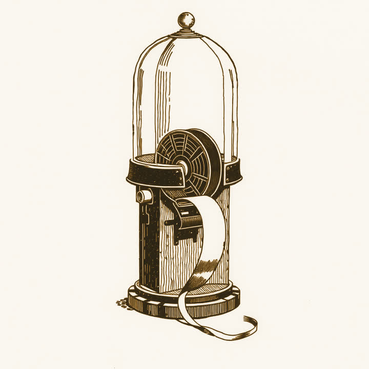 A ticker tape machine under a glass dome, a curl of paper tape spilling out