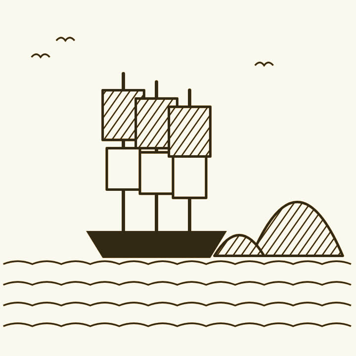 A three-masted sailing ship off volcanic islands, with the sea in rows of waves