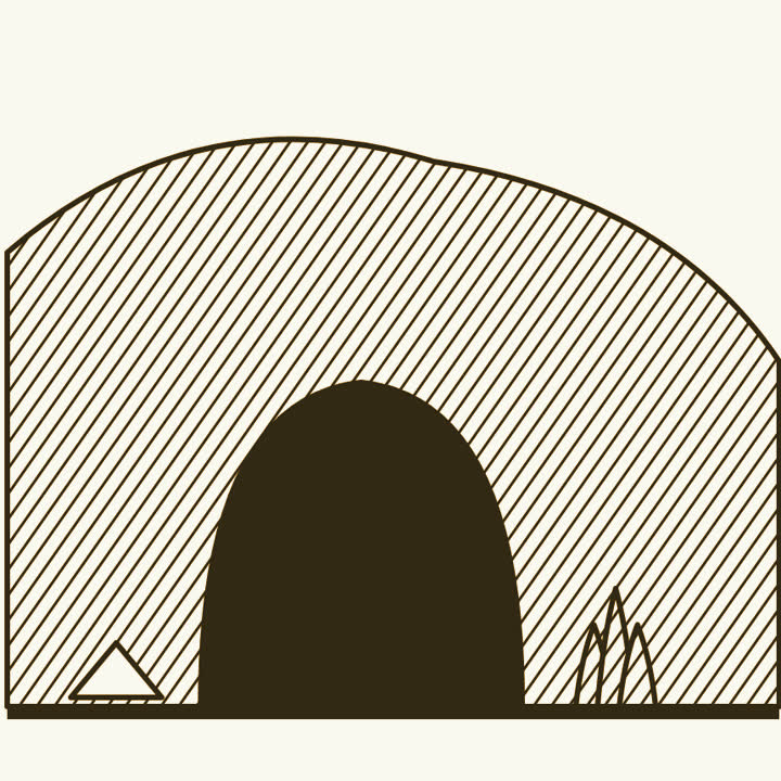 A cave mouth with a small fire burning at its entrance and a stone tool on the ground