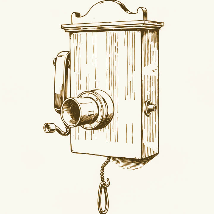 An old wooden wall telephone with a funnel shaped mouthpiece on its front, a crank handle sticking out of its right side and an earpiece hanging on a hook