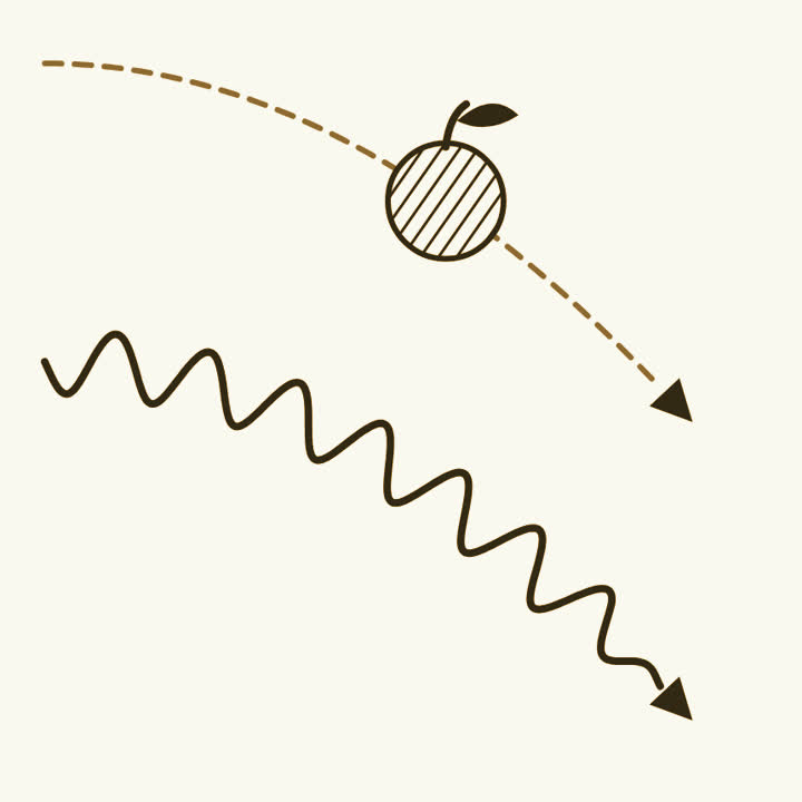 An apple falling along a dashed curved path, and below it a rippling wave bending along the same downward curve
