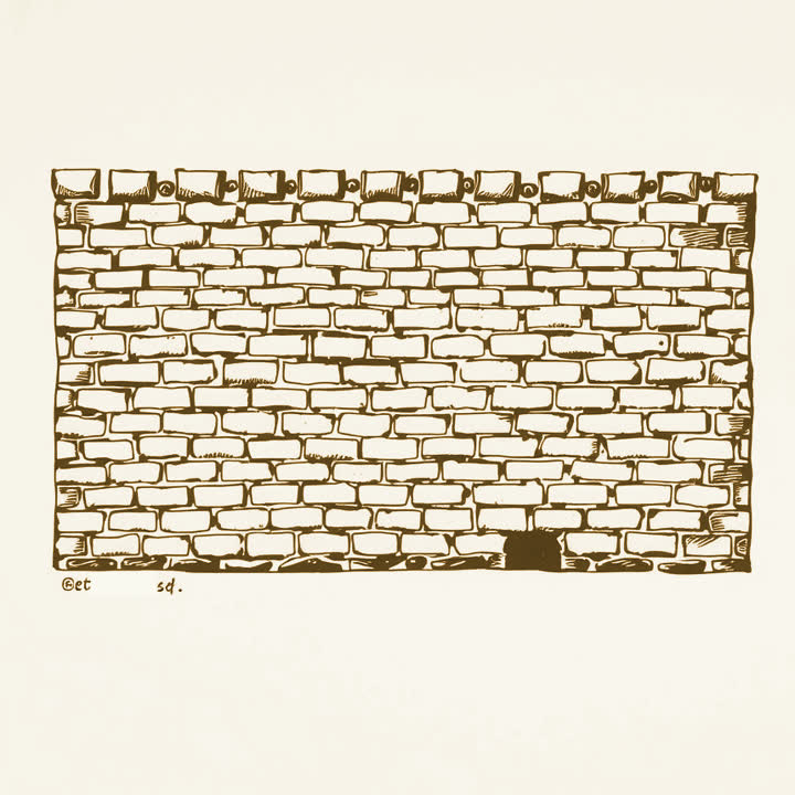 A brick wall filling a wooden frame, its top course laid the whole way across but for one brick sized gap at the right hand end