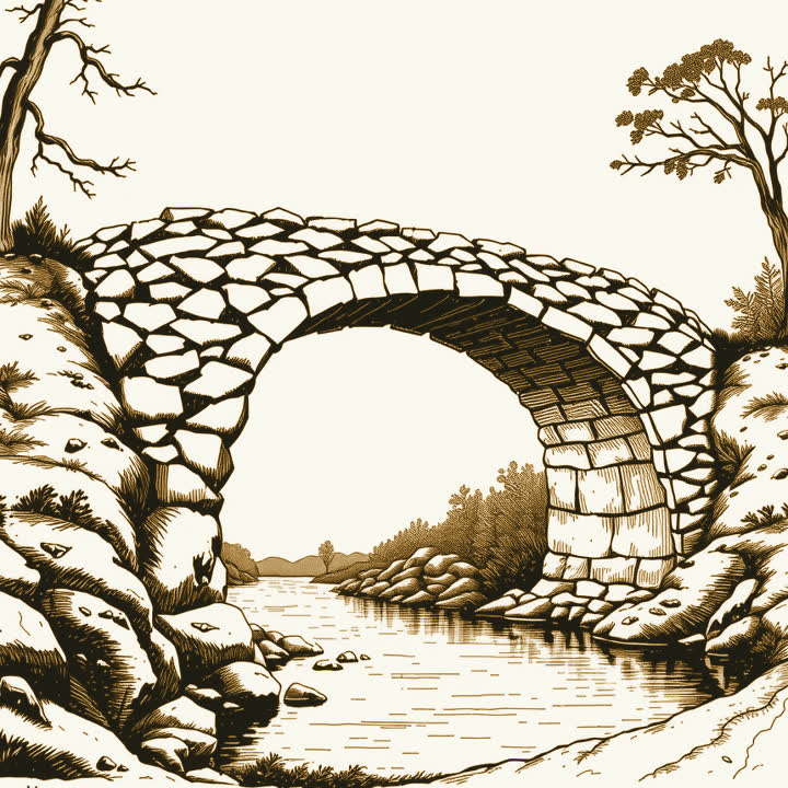 A half built stone bridge, its arch rising from the near bank and stopping in mid air above the middle of the river, the far bank bare