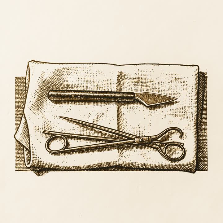 A surgeon’s scalpel and a pair of forceps laid on a folded white cloth