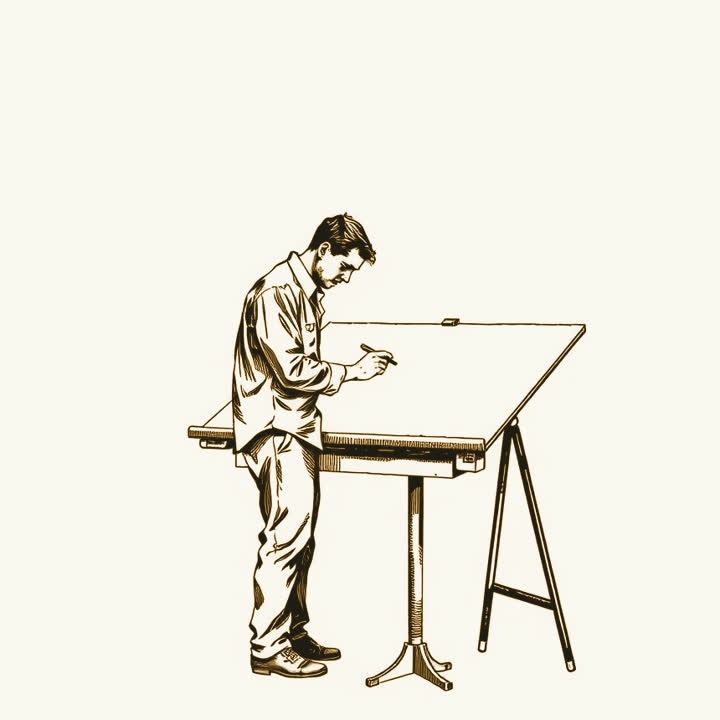 A man in shirt sleeves at a drafting table drawing a single vertical line on a large sheet, plain background, nothing else, no border