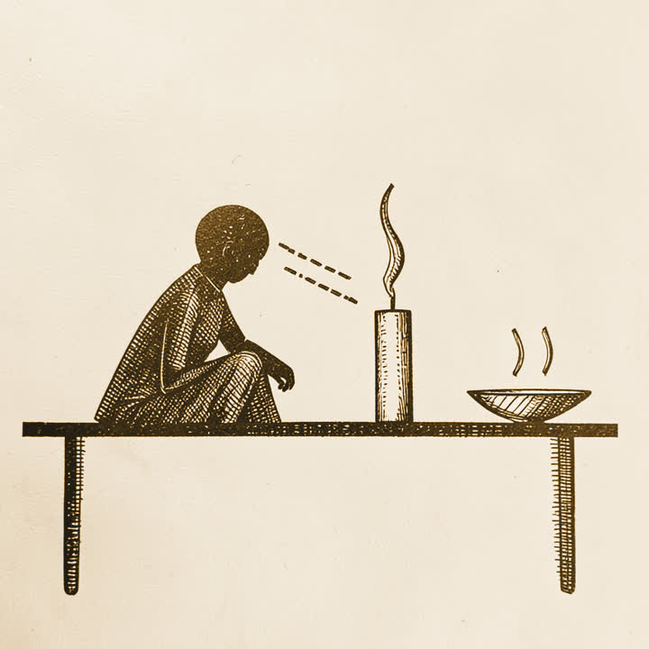 A figure leaning toward a candle whose flame has just gone out, beside a steaming bowl