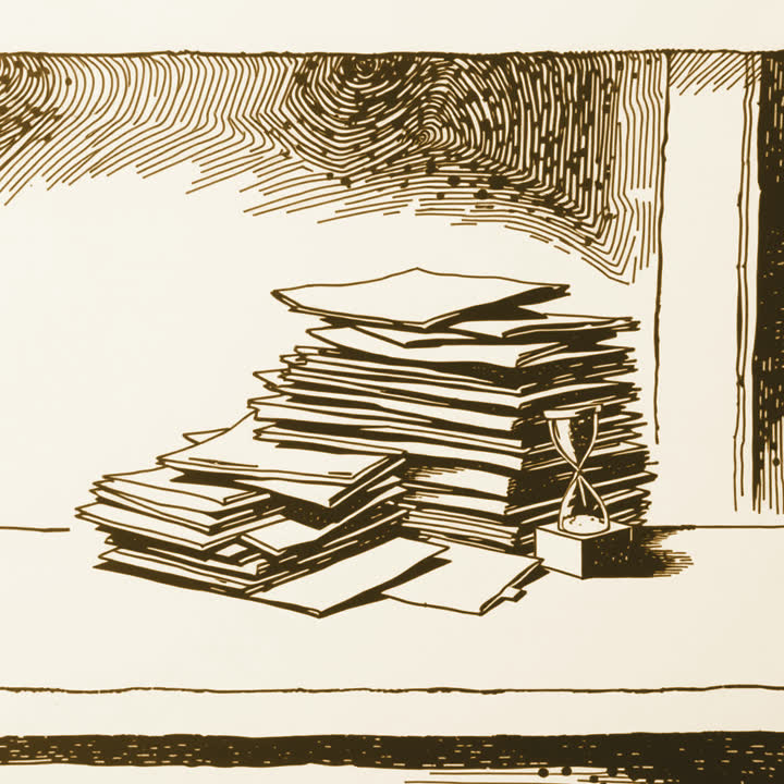 A desk piled high with papers and an hourglass lying on its side among them