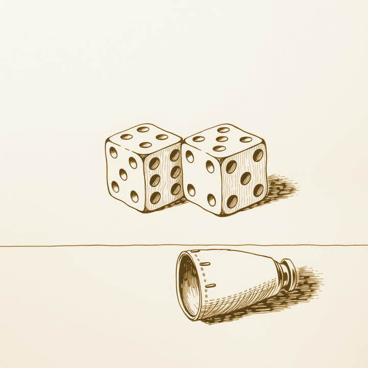 Two ivory dice lying side by side on a bare table, both showing their pips, and a leather dice cup resting on its side beside them