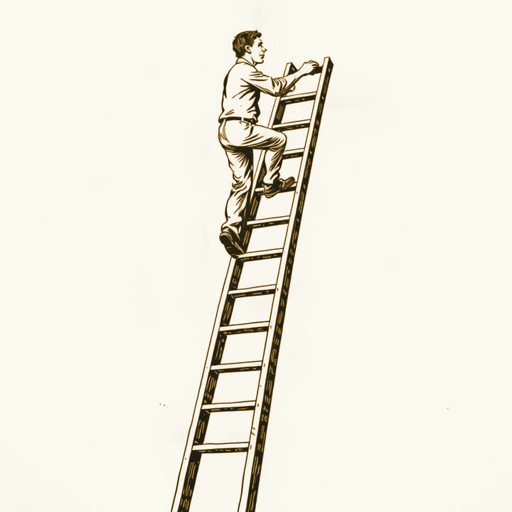 A man standing on the top step of a tall ladder, gripping it and looking down in fear