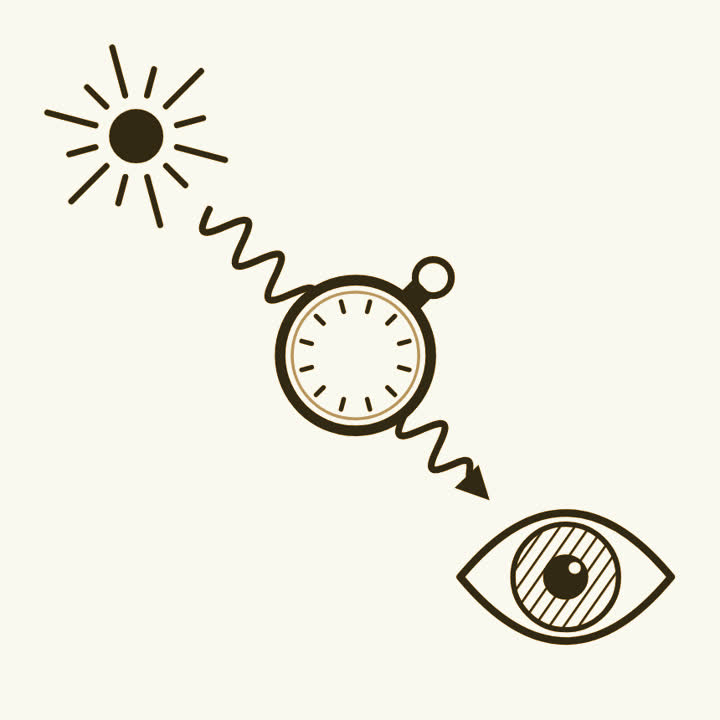 A star at the upper left and an open eye at the lower right joined by one long wavy ray, with a pocket watch that has no hands riding on it