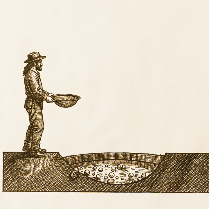 A man in a hat with a sieve beside a shallow gravel pit