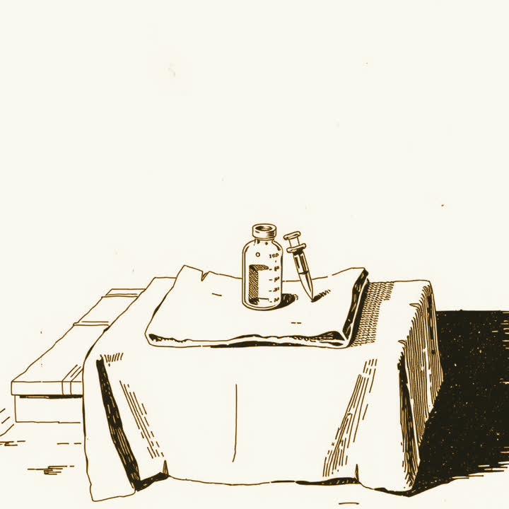 A glass syringe and a small stoppered bottle on a folded cloth on a field table, plain background, nothing else, no border