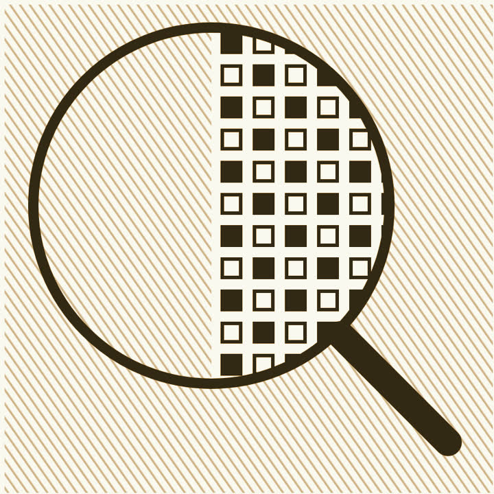 A magnifying glass over a plain shaded surface, the view inside the lens half smooth and half broken into separate small filled and hollow squares