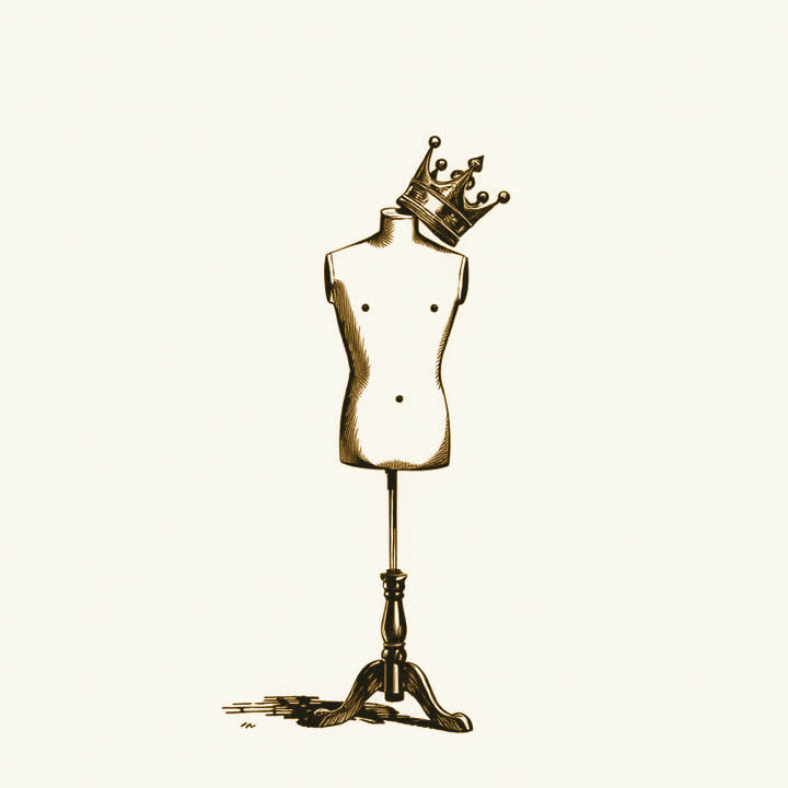 An empty tailor’s dummy on a wooden stand with a crown resting on top of it, plain background, nothing else, no border