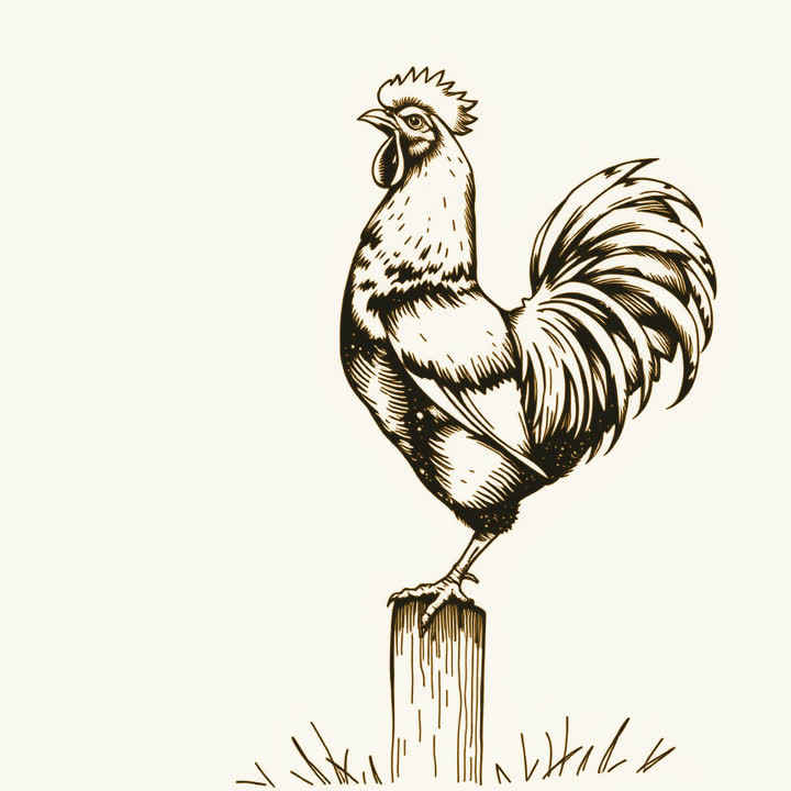 A rooster standing on a fence post with its beak open crowing, plain background, nothing else, no border