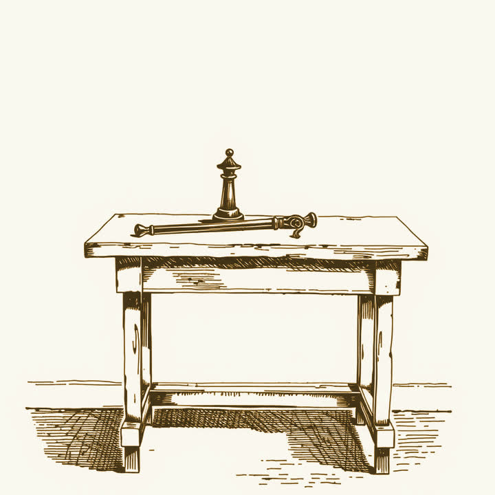 A wooden schoolroom desk with an inkwell and a cane resting across it, plain background, nothing else, no border