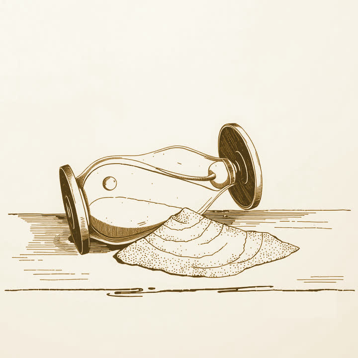An hourglass lying on its side on a table, one bulb cracked open and a heap of sand spilled out across the boards