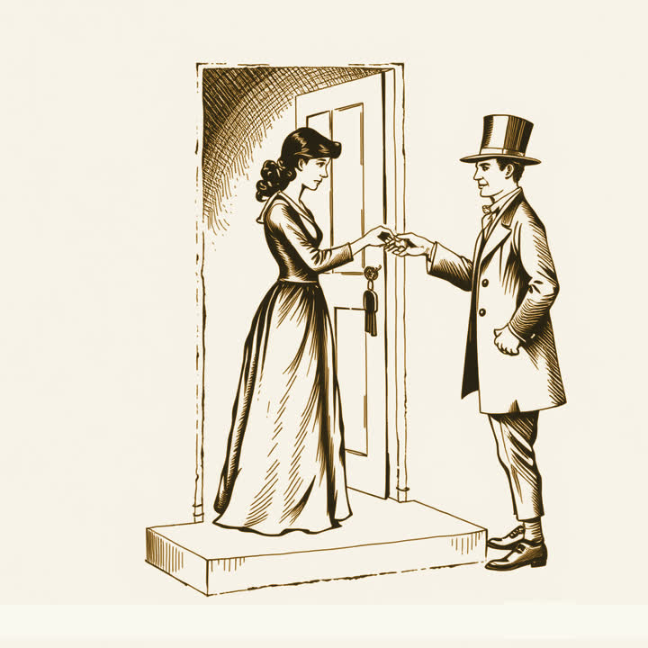 A woman in a long dress on a doorstep handing a ring of keys to a man in a top hat, plain background, nothing else, no border