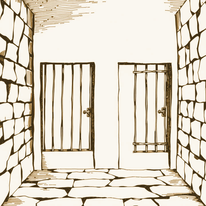Two iron barred cell doors side by side in a stone corridor