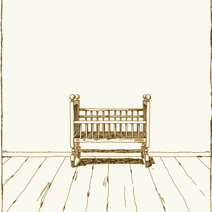 An empty wooden cradle in a quiet room, plain background, nothing else, no border