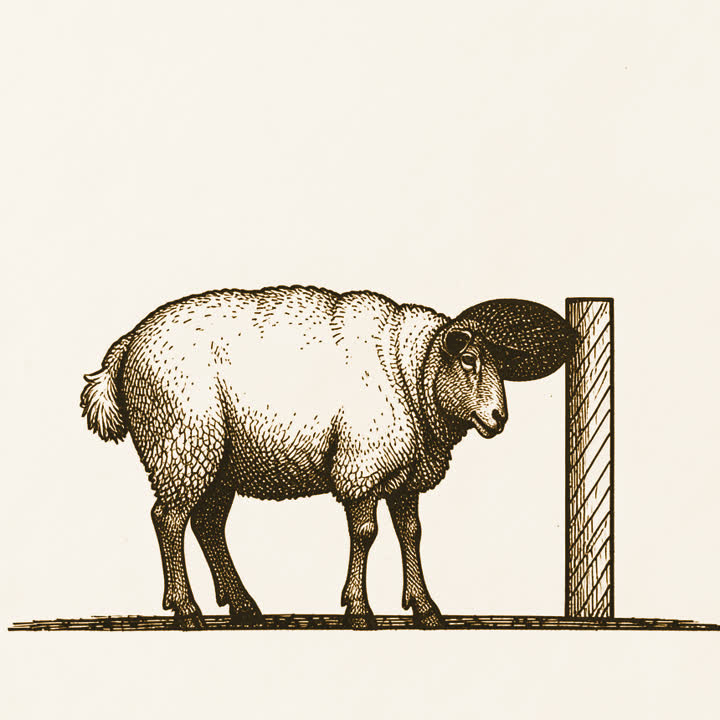 A sheep standing beside a wooden fence post