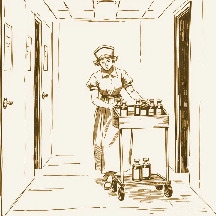 A nurse pushing a wooden medicine trolley of small unlabelled glass bottles along a hospital ward