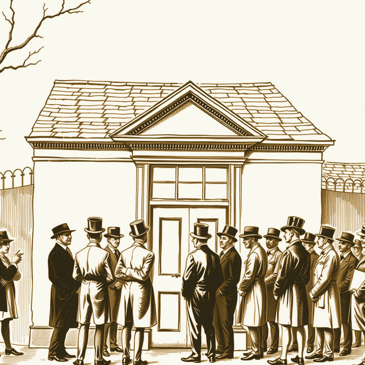 A queue of well dressed businessmen in top hats lined up outside the door of a small town hall