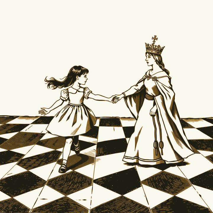A girl in a pinafore running hand in hand with a tall crowned queen across a chessboard field, both at full stride