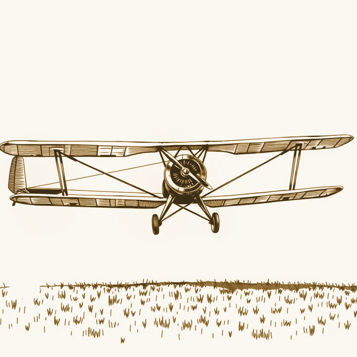 A biplane with two stacked wings and struts between them touching down on a grass airfield