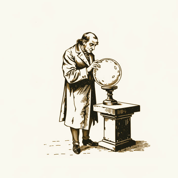 A scholar in a long coat peering into a crystal ball on a laboratory bench, plain background, nothing else, no border