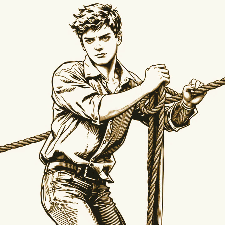 A young man in shirt sleeves straining on a thick rope fixed to a post, plain background, nothing else, no border