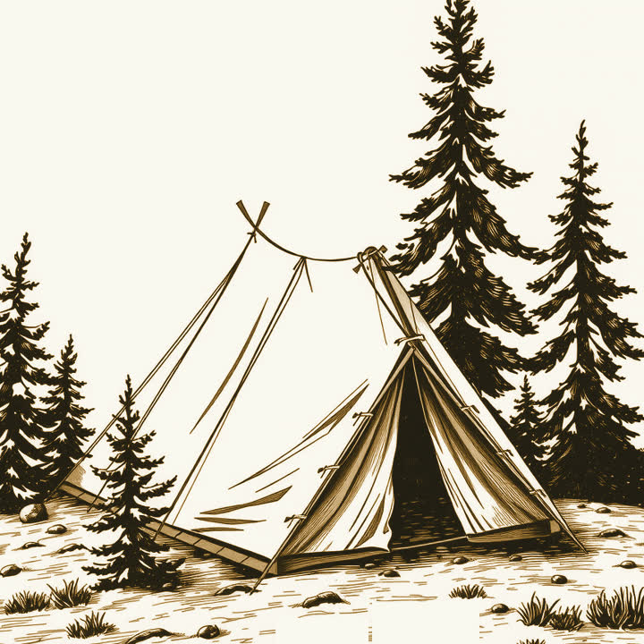 A canvas ridge tent pitched among pine trees, plain background, nothing else, no border