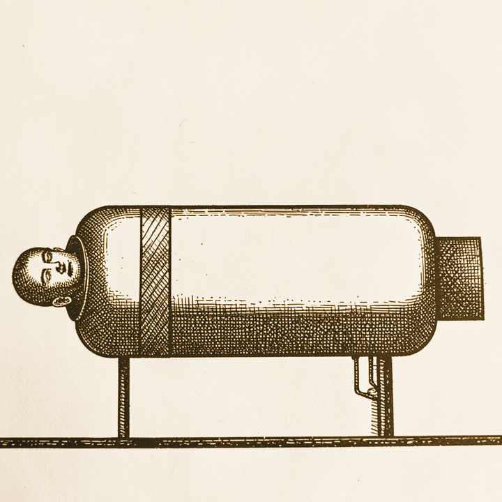 A long iron lung machine with a patient’s head resting outside one end