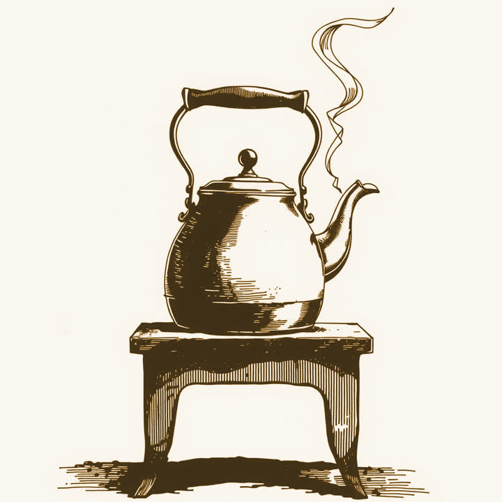 A copper kettle steaming on an iron stove, plain background, nothing else, no border