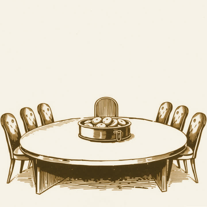 A round tin of biscuits in the middle of a long empty committee table