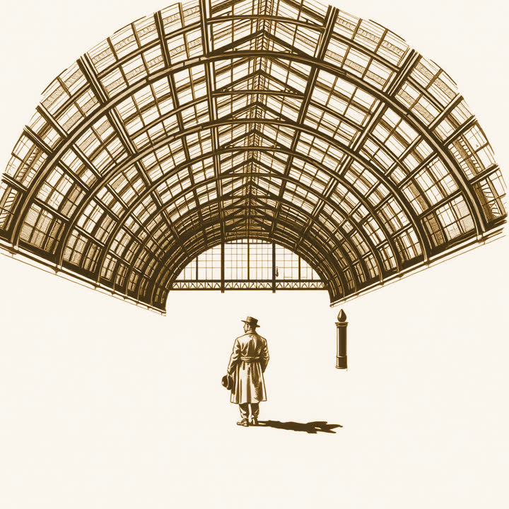 A man in a long coat standing alone beneath a great vaulted station ceiling, holding his hat, drawn on a pale cream ground in daylight, no dark background, no black bands at any edge