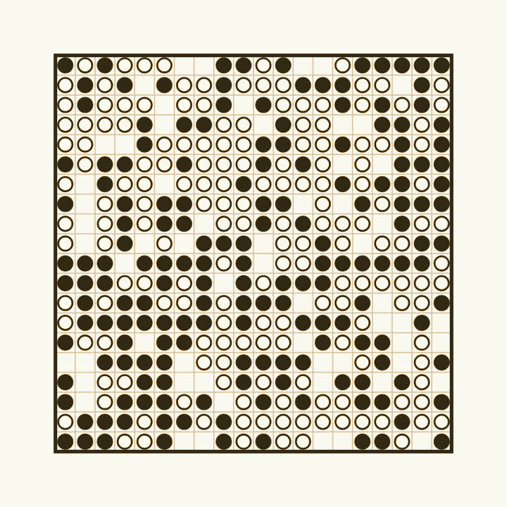 A board of dark and pale coins scattered at random, a few squares empty