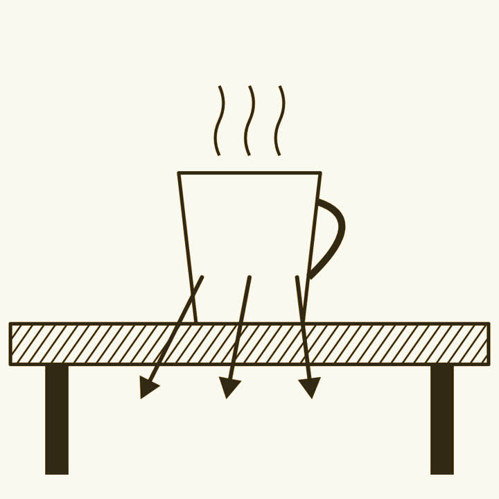 A steaming cup on a table with heat flowing down from the cup into the wood, never the other way