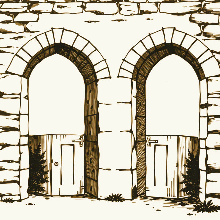Two identical arched doorways side by side in a stone hospital wall, one shut, one open, plain background, nothing else, no border