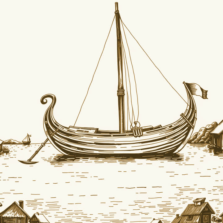 An ancient wooden galley at anchor in a calm harbour