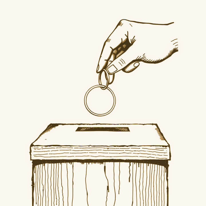A single plain unmarked coin being dropped into the slot of a wooden collection box, plain background, nothing else, no border