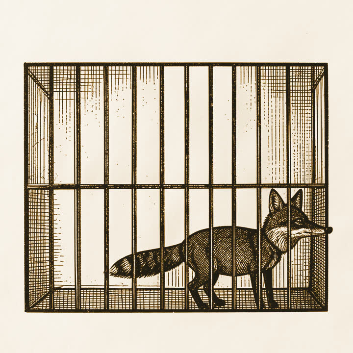 A cage of bars with a wild fox pressed back into the far corner