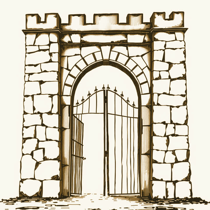 A tall stone gateway with iron gates, one gate open and one closed