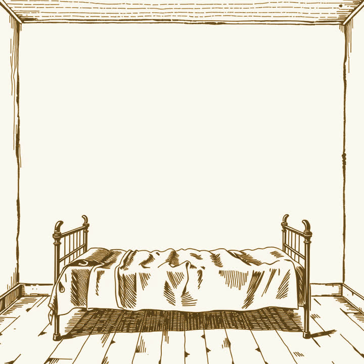 A narrow iron bedstead with a plain grey blanket in an empty whitewashed room