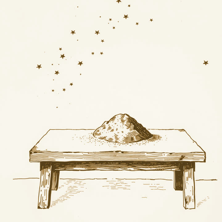 A small heap of sand on a bare wooden table, drawn on a pale cream ground in daylight, no dark background, no black bands at any edge
