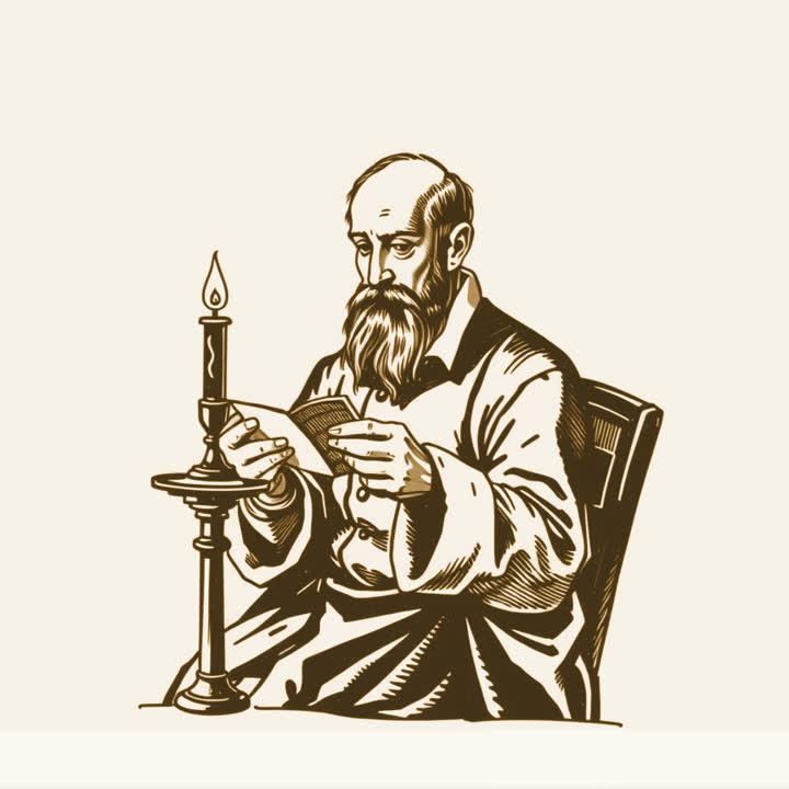 A bearded nineteenth century scholar reading from a small card by lamplight